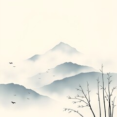 Minimal misty mountain landscape with soft fog and flying birds 