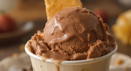 Rich chocolate ice cream scoop with drizzle in a paper cup, crisp wafer garnish
