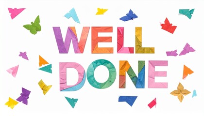 Colorful origami butterflies surround 'WELL DONE' message