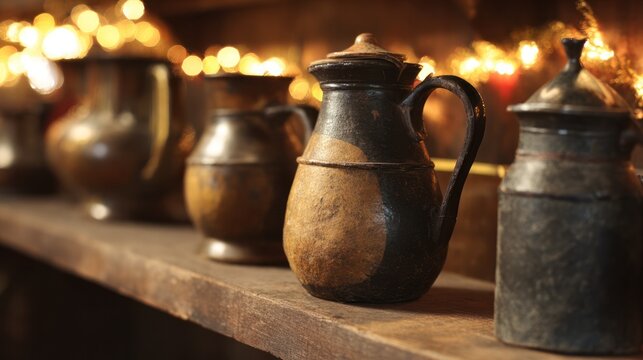 Rustic ceramic and pewter flagons with lids on wooden shelf in warm light. bar promotions, beverage menus, designed for product packaging and bar promotions, used by marketing managers.