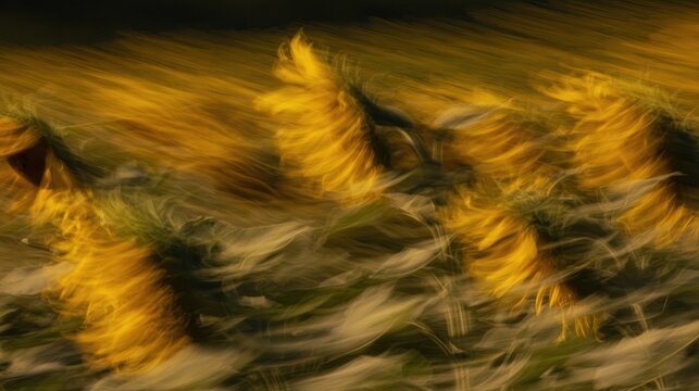 Sunflowers swaying in a field during golden hour, nature scene. gardening catalogs, home-decor guides, designed for home decor and floral branding and gardening and botanical catalogs.