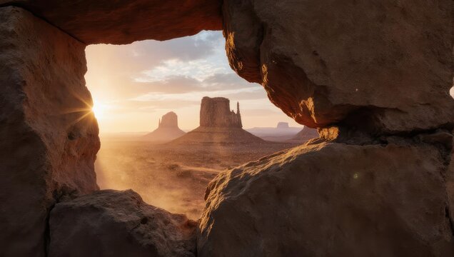 Monument Valley framed by rock formation at sunset, Arizona, USA.