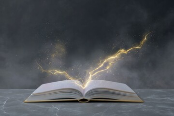 an open book with yellow magical lightning, against a black background.