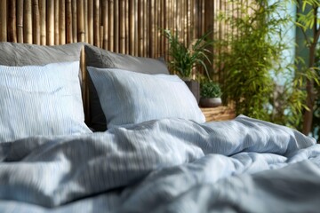 close-up of blue-striped linen bed sheets in the foreground, grey pillows on top, with bamboo walls and plants in the background.