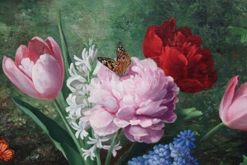 close-up of peonies, tulips, and hyacinths in an oil painting on canvas, with a butterfly on the petals, against a green background.