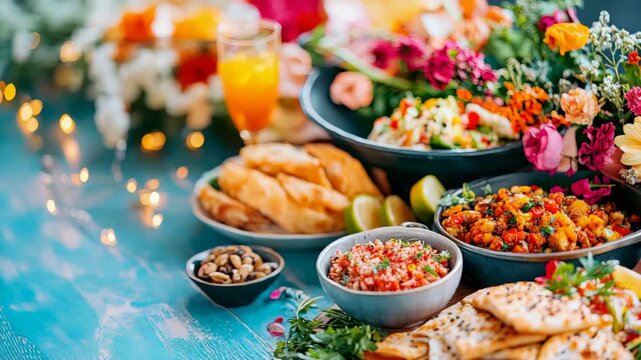 Vibrant table arrangement with diverse selection of appetizers, fresh food, and bright beverage, creating cheerful atmosphere.