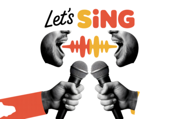 Hands Holding Microphones with Sound Wave in Modern Typography and Vibrant Colors for Music Event Promotion