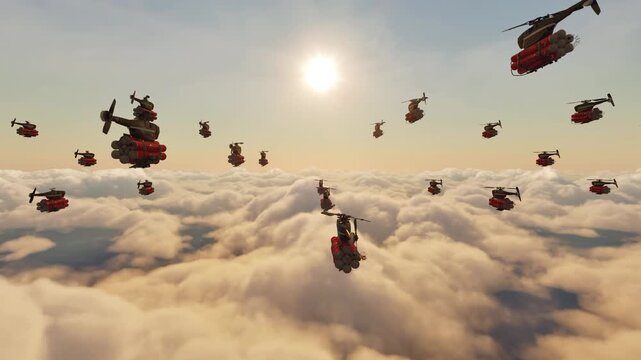 A coordinated drone swarm carrying impact-detonated explosive payloads advances above the cloud layer to strike predetermined enemy targets.