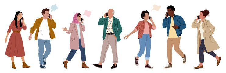Flat vector illustration of diverse men and women walking while talking on smartphones, modern casual fashion, clean minimalist style, isolated on transparent background