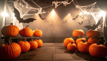 Halloween Pumpkins and Decorations Displayed in a Spooky Atmosphere.