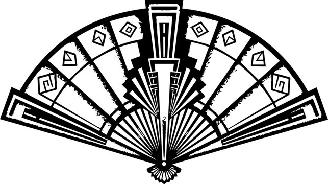 Art Deco Inspired Folding Fan with Geometric Patterns and Detailed Stippled Texture