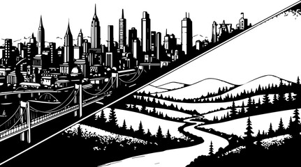 Contrast Illustration of Urban Cityscape and Natural River Valley, Detailed Stippled Dotwork Art © Muhammad