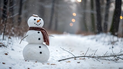 Snowman On Snow In Winter Forest With Snowfall In Defocused Landscape And Abstract Lights