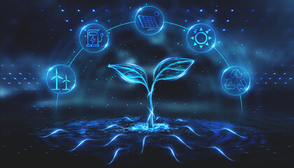 Concept of the environment and ecology. Renewable energy sources for sustainable development. A young plant.