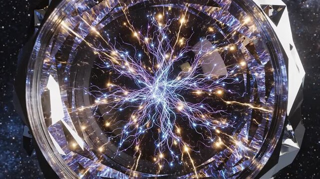 Abstract geometric camera lens visualizing complex glowing artificial intelligence neural network connections expanding and contracting dynamically artificial, camera, brain