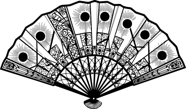Ornate Art Deco Hand Fan with Sun and Moon Motifs and Intricate Floral Details