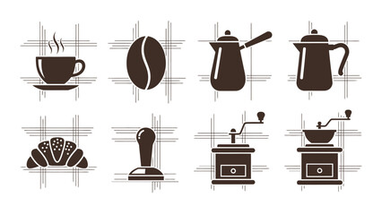 Coffee icons set cup bean pot croissant grinder stamp vector design