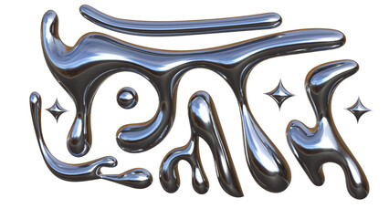 3D Chrome Liquid Abstract Shapes with Metallic Fluid Forms and Star Spark Elements Futuristic Modern Illustration on White Background