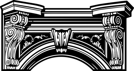 Classical Architectural Frieze Illustration with Scroll Ornaments and Columns, Vintage Black and White Engraving Style Design Element © Muhammad