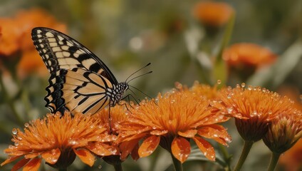 Obraz premium Monarch Butterfly Perched on Vibrant Orange Marigold Flowers in a Sunny Garden.