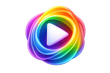 3d play button icon swirling with a vibrant rainbow of glossy, gradient colors, highlighting multimedia and video content on a transparent background