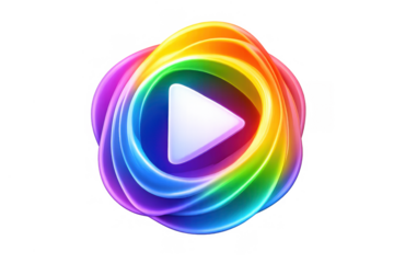 3d play button icon swirling with a vibrant rainbow of glossy, gradient colors, highlighting multimedia and video content on a transparent background