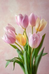 Naklejka premium Pastel Pink and Golden Tulip Bouquet in Minimalist Studio Setting