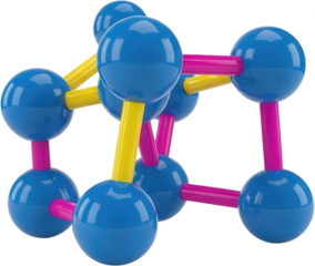 Blue spheres connected by yellow and magenta rods form a colorful molecular structure model appearing bright and structured molecule science chemistry education research atoms transparent background