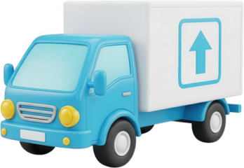 A blue cartoon delivery truck with a white cargo box displaying a turquoise upward arrow symbol cargo truck moving truck transport shipping logistics vehicle transportation transparent background