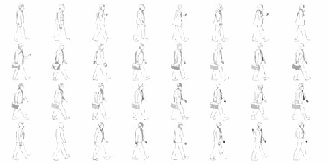 A series of identical sketches depicting a walking figure with a briefcase