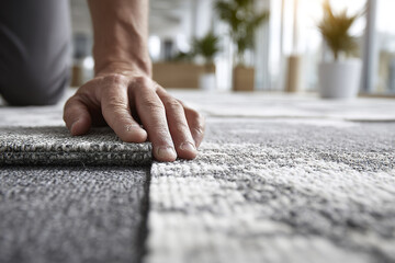 Hand carefully fitting carpet tile on floor in modern office space with natural light and plants creating calm atmosphere for work and productivity