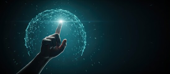 Hand interacting with futuristic glowing network sphere technology