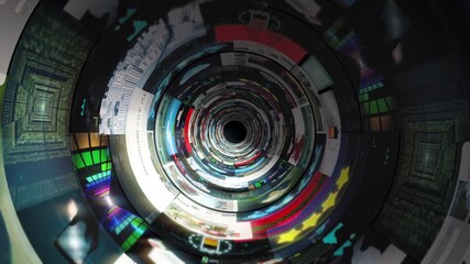 Futuristic media vortex showing layered screens, global data visualizations and bright interface elements swirling toward a central void, symbolizing continuous information flow and digital complexity - Powered by Adobe