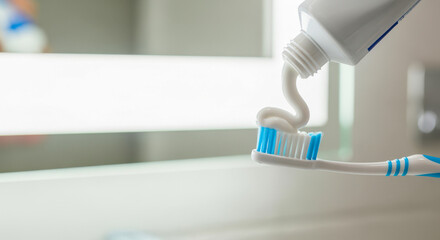 Close up of toothpaste being squeezed onto a toothbrush for daily dental hygiene.