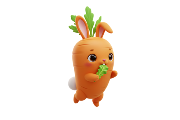 Cute 3D carrot bunny character jumping on transparent background