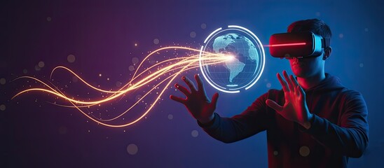 Man wearing VR headset interacting with virtual globe and neon lines