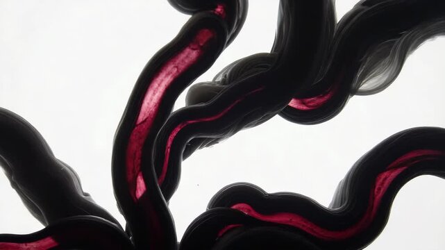 Black ink veins pulsing with red luminescence, filmed in macro dolly Organic flow, depth focus, and glowing gradients add realism 4K