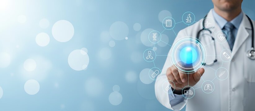 Doctor interacting with futuristic medical interface in modern healthcare setting - Powered by Adobe