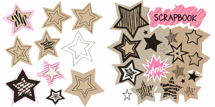 Collection of hand drawn stars and scrapbook elements on a white background