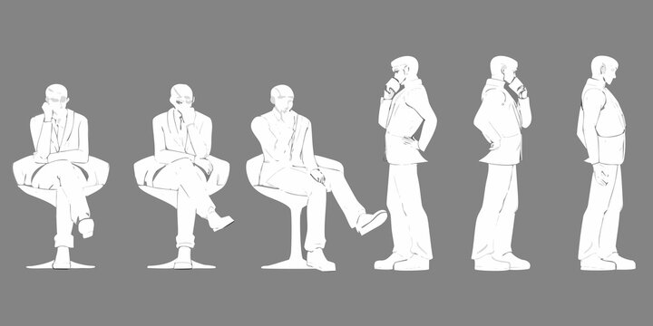 A sequence of sketches depicting a man in a suit in various poses