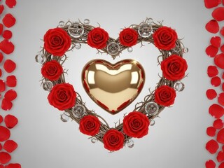 Beautiful heart shaped wreath with red roses and gold heart