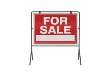 For Sale Sign on Metal Stand in Bold Red Color with White Text on Isolated White Background for Real Estate