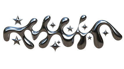 3D Chrome Liquid Abstract Shapes with Metallic Fluid Forms and Star Spark Elements Futuristic Modern Illustration on White Background