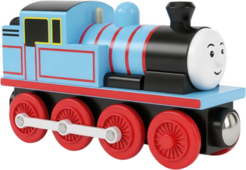 Cheerful blue wooden toy steam locomotive with red wheels and red trim featuring a friendly face toy train blue train childrens toy happy face cartoon train playful collectible transparent background