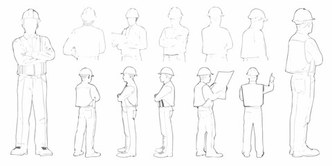 Line art depiction of construction workers in various poses and perspectives
