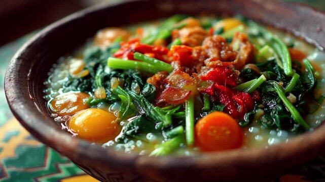 Delicious Vegetable Soup in Clay Bowl.