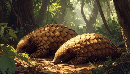 Resting pangolin in lush tropical forest sunlight with dappled shadows