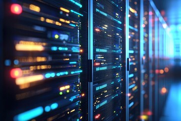 High performance IT server rack corridor with active data indicators inside secure data center, ideal for cloud computing, network operations, and enterprise backend infrastructure