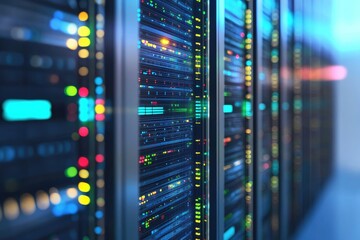 High performance IT server rack corridor with active data indicators inside secure data center, ideal for cloud computing, network operations, and enterprise backend infrastructure