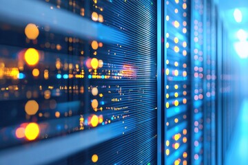 High performance IT server rack infrastructure with glowing system indicators inside secure data center, ideal for cloud computing, network operations, and enterprise backend technology